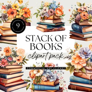 Stapel boeken met bloemen, Gouache Clipart Pack, transparante PNG's, bloemenboeken, boekenwurm, boekenliefhebber, bibliotheek, verhaal begint, boekenclub