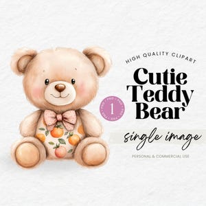 Könnte beinhalten: Eine Aquarell-Illustration eines niedlichen Teddybären, der eine rosa Schleife und ein Kleid mit orangenen Früchten und grünen Blättern trägt. Der Bär sitzt mit gekreuzten Beinen und hat einen glücklichen Gesichtsausdruck.