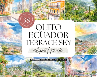 Quito Ecuador Watercolor Clipart, Terrace Sky Travel Graphics, Mountain City Landscape Art, Colonial Town, South America Tourist Destination