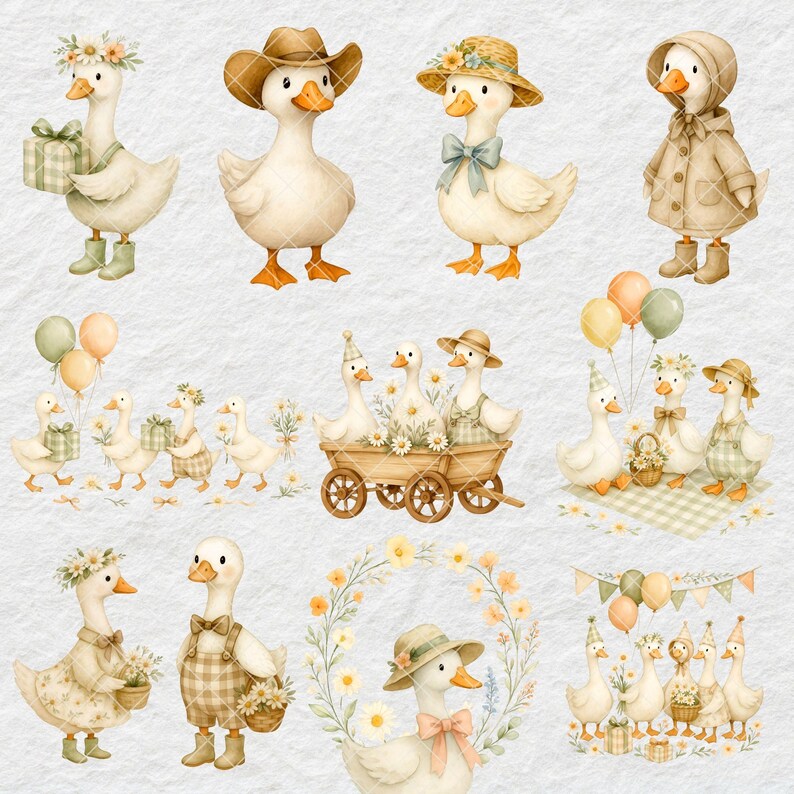 Silly Goose Watercolor Clipart, Cute Goose PNG Bundle, Farm Animal Clip ...