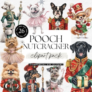 May include: A digital clipart pack titled "Pooch Nutcracker" featuring 26 PNG images of various dog breeds dressed in festive Nutcracker-themed costumes. The dogs are depicted in detailed, colorful illustrations, perfect for holiday-themed crafts and designs.