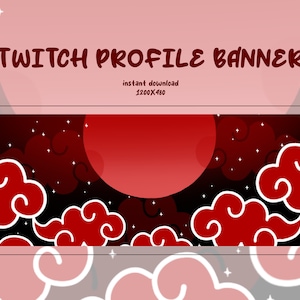 Puede incluir: Un banner de perfil de Twitch rojo y negro con un gran círculo rojo y nubes blancas estilizadas sobre un fondo oscuro con estrellas blancas. El texto "TWITCH PROFILE BANNER" está en la parte superior del banner y el texto "descarga instantánea 1200X480" está debajo del círculo.