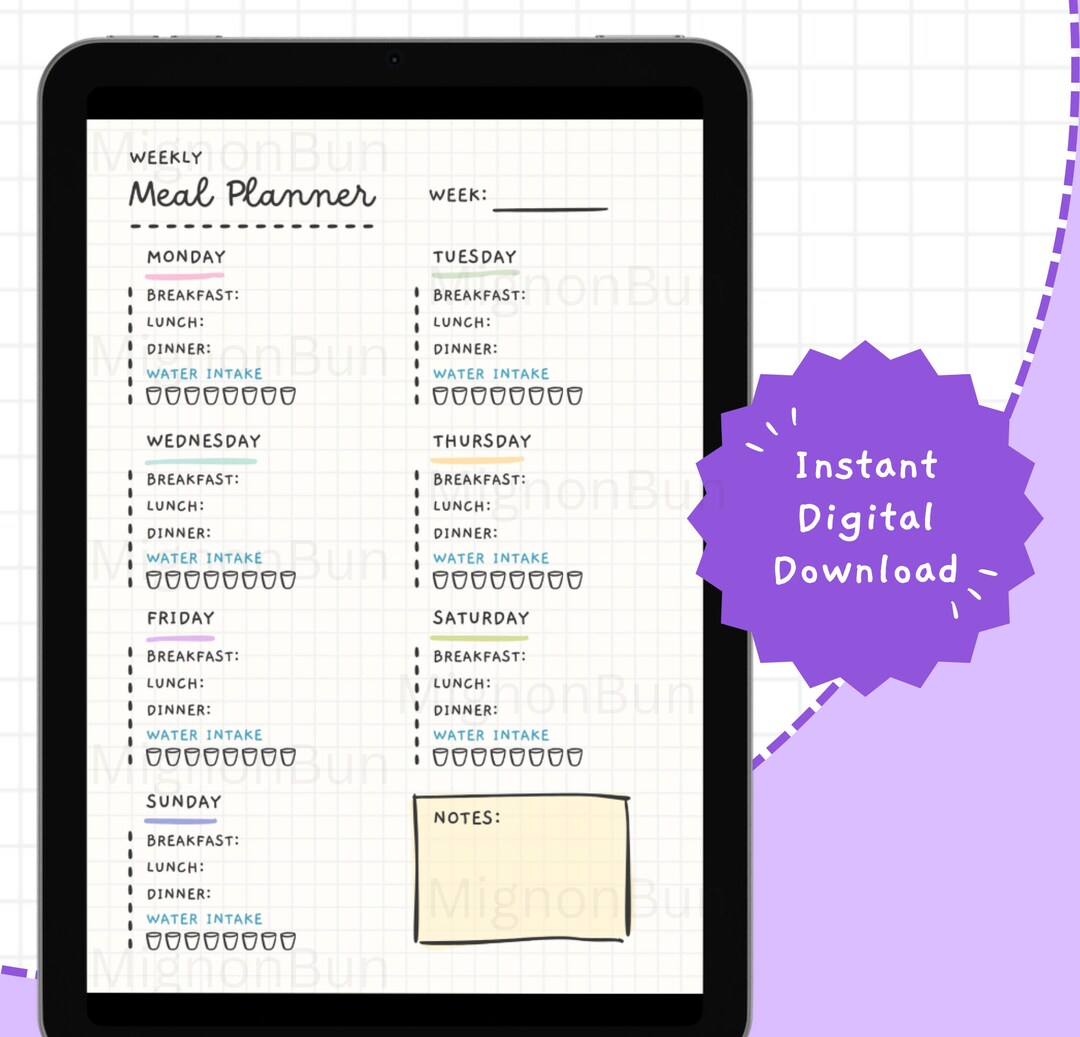 Cute Meal Planner Printable Weekly Food Diary Meal Tracker - Etsy