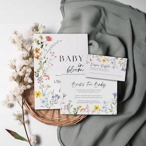 Baby in Bloom Einladungsset, Babypartyeinladung, Frühling Sommer Babypartyeinladung, Bücher für Baby, Windelkarte, Vorlage 2024