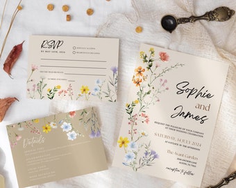 Boho Wedding Invitation Bundle, Wildflower beige Invitation Template Set, Modern Invite Suite, Elegant Rsvp, Details Card