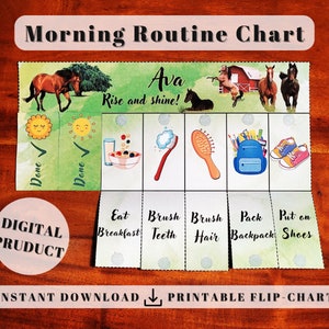 Horse Morning Routine Chart, Printable Flip chore Chart for kids daily ready before school checklist toddler visual schedule adhd planner