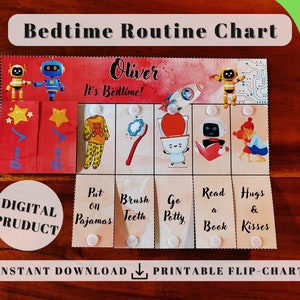 Robot Bedtime Routine Chart (Tidy Up), Printable Folding Flip Chart : kids daily checklist visual schedule adhd planner chore chart for kids