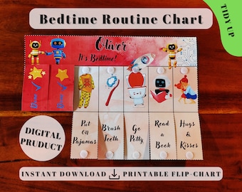 Robot Bedtime Routine Chart (Tidy Up), Printable Folding Flip Chart : kids daily checklist visual schedule adhd planner chore chart for kids