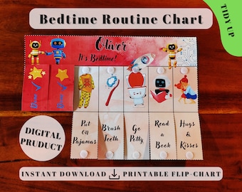Robot Bedtime Routine Chart (Tidy Up), Printable Folding Flip Chart : kids daily checklist visual schedule adhd planner chore chart for kids