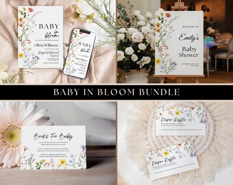 Baby in Bloom Invitation Bundle, Baby Shower Invitation Set, Baby in bloom Welcome Sign, Wildflower Diaper Raffle Card, Books For Baby Card