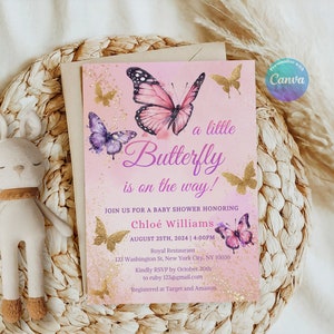 Invitación de baby shower de mariposa, invitación de baby shower para niña, plantilla de invitación de baby shower digital, una pequeña mariposa está en camino
