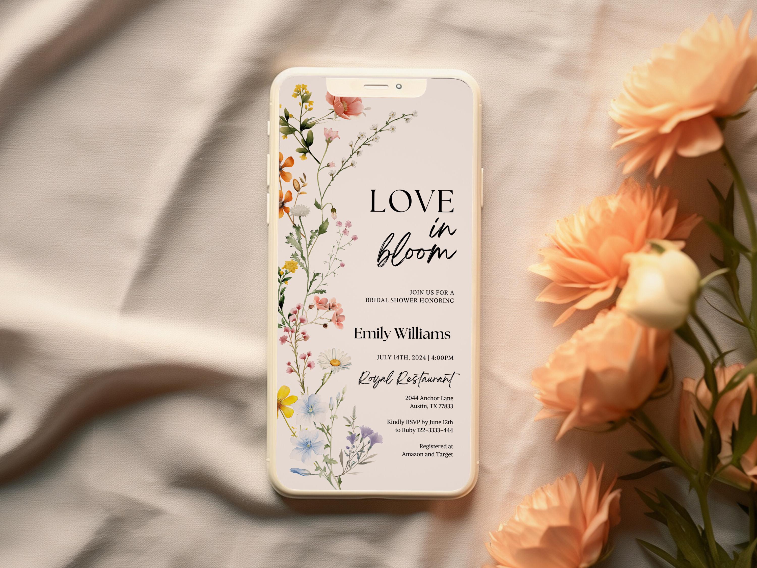Love in Bloom Bridal Shower Evite, Digital Floral Bridal Shower Invitation, Wildflower Invitation, Bridal Shower Invite, Virtual Invitation
