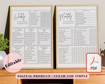 EDITABLE Cleaning Checklist, Cleaning Schedule, Family Chore Chart Printable, Cleaning Planner, Weekly House Chores, Monthly, Yearly Tracker
