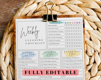 Puede incluir: Una lista de verificación de limpieza imprimible con un diseño colorido. La lista incluye tareas diarias, semanales y específicas de cada habitación. El texto en la lista de verificación dice "My Weekly Cleaning Checklist", "Daily", "Monday Living Room", "Tuesday Kitchen", "Wednesday Office" y "Fully Editable".