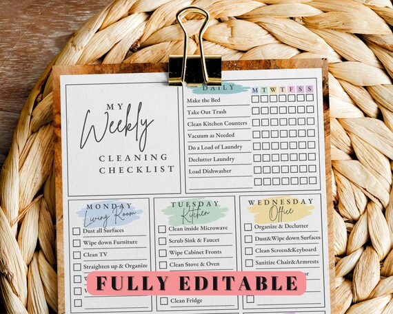 Minimalist Cleaning Checklist Printable, Weekly Cleaning Schedule, Minimalist Organization, Editable Cleaning Checklist, ADHD planner adult