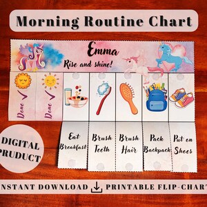 Pony Morning Routine Chart, Printable Flip chore Chart for kids daily ready before school checklist, toddler visual schedule reward chart