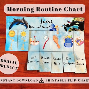 Sealife Morning Routine Chart, Printable Flip chore Chart for kids daily ready before school checklist, toddler visual schedule daycare
