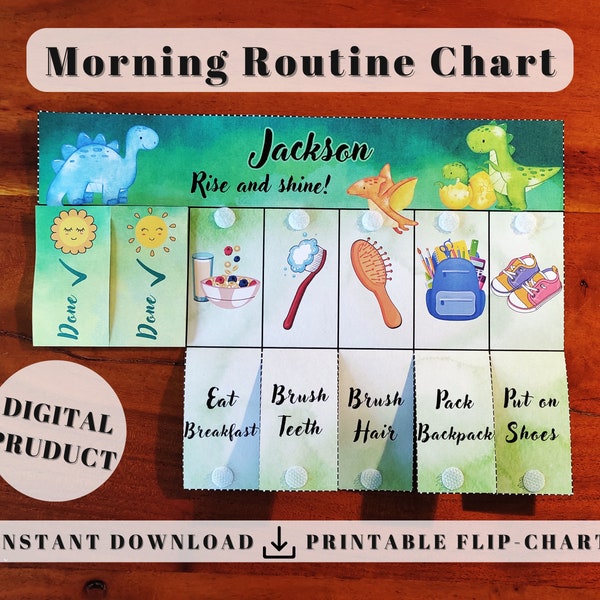 Dino Morning Routine Chart, Printable Folding, Flip chore Chart for kids daily ready before school checklist toddler visual schedule routine
