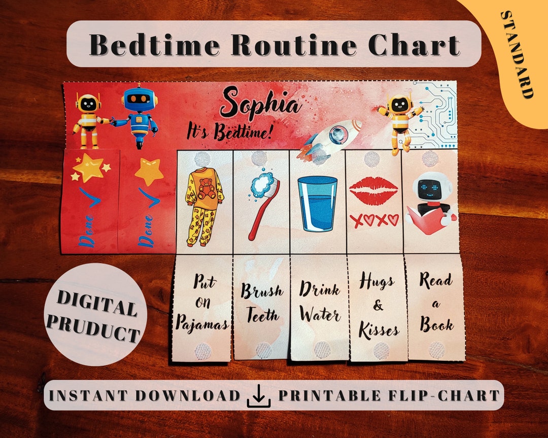 Robot Bedtime Chore Chart for Kids standard, Parenting Hack Build a Routine, Chart Toddler Kids