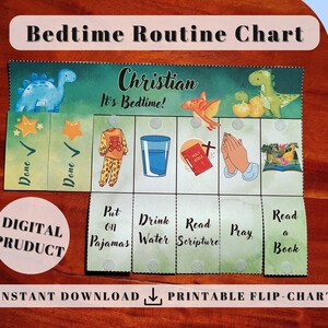 Dino Toddler Bedtime Routine Flip Chart (Pray), dinosaur bedding, cards for kids, daily chore chart with pictures, Christian homeschool adhd