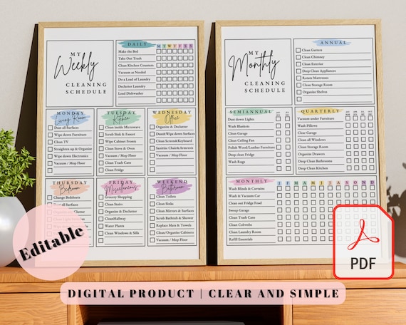 Editable Cleaning Schedule | Printable | Weekly, Monthly, Yearly Cleaning Checklist, ADHD, Cleaning Planner, House Chore List | Digital PDF