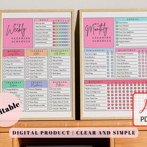 May include: Printable cleaning schedule checklist with pink, blue, and green color accents. The checklist includes daily, weekly, monthly, quarterly, and annual cleaning tasks. The text "My Weekly Cleaning Schedule" and "My Monthly Cleaning Schedule" are at the top of the checklists. The text "Editable" and "PDF" are at the bottom of the checklists.