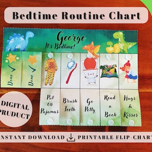 Dino Bedtime Routine Chart (Tidy Up), Printable Folding / Flip Chart : kids daily checklist / visual schedule bedtime chore chart for kids