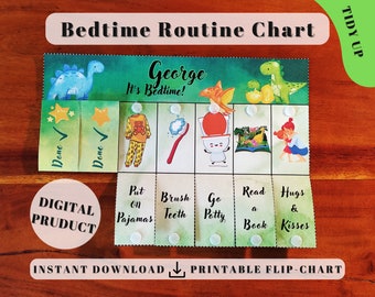 Dino Bedtime Routine Chart (Tidy Up), Printable Folding / Flip Chart : kids daily checklist / visual schedule bedtime chore chart for kids