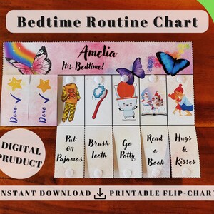 Butterfly Bedtime Routine Chart (Tidy Up), Printable Folding Flip Chart kids daily checklist / visual schedule bathroom chore chart for kids