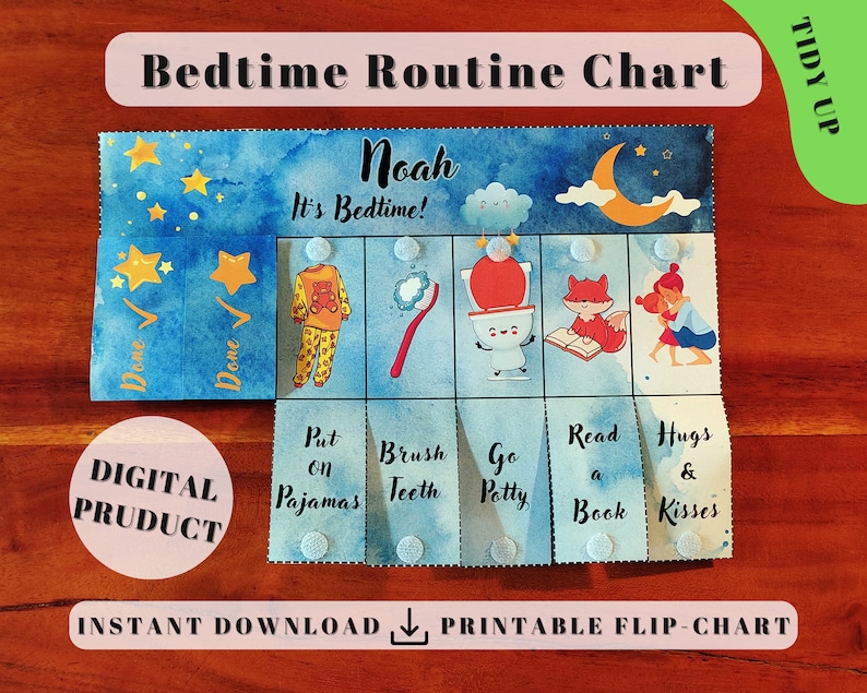 Moon Bedtime Routine Chart tidy Up, Printable Folding / Flip Chart