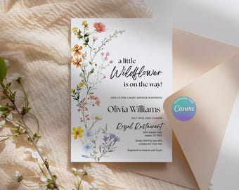 May include: A white baby shower invitation with a floral border. The text reads "a little Wildflower is on the way!" Join us for a baby shower honouring Olivia Williams, July 14th, 2024, 4-6PM, Royal Restaurant, 2044 Anchor Lane, Austin, TX 78633. Kindly RSVP by 12th June to Ruby 123-3333-444. Registered at Amazon and Target.