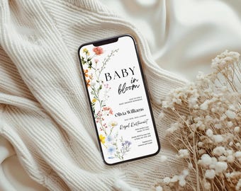 Baby In Bloom Evite, Baby Shower Evite, Plantilla de invitación virtual para baby shower digital, Invitación digital floral para baby shower de primavera y verano