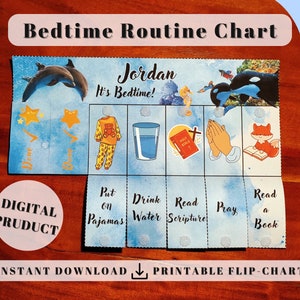 Sealife Toddler Bedtime Routine Flip Chart (Pray), printable kids routine, cards for kids chart toddler kids, Dolphin Orca, Christian, chore