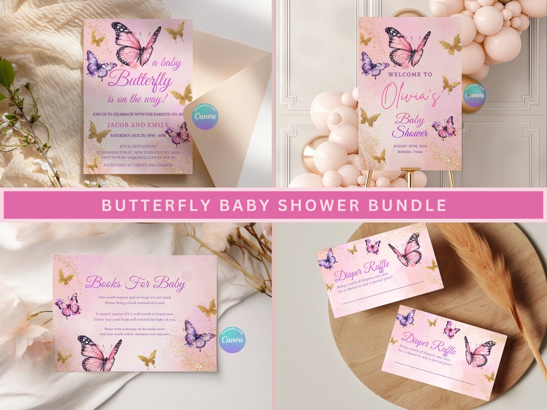 Butterfly Baby Shower Invitation Bundle, Baby Shower Invitation Set for ...