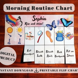 Butterfly Morning Routine Chart, Printable Folding chore Chart for kids daily ready before school checklist, toddler visual schedule daycare