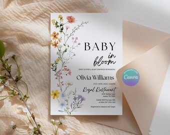 Invitación Baby In Bloom, invitación para baby shower, baby shower floral de primavera-verano, plantilla digital de invitación para baby shower, 2026