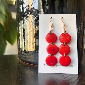 Handmade tagua nut statement earrings – bold, red, and retro! A perfect sustainable, hypoallergenic gift for grandma or your next cruise.