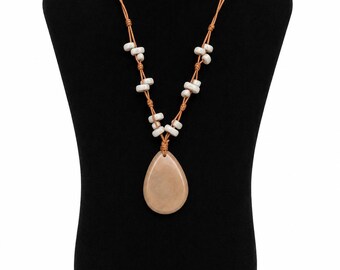 Handmade Beige Tagua Nut Pendant Necklace – Boho Statement Jewelry, Eco-Friendly Gift