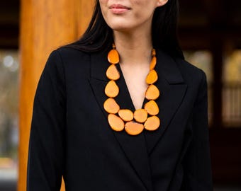 Chunky Yellow Mustard Tagua Nut Necklace – Colorful Statement Necklace, Lightweight Sustainable Boho Jewelry