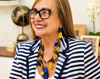 Chunky Yellow and Blue Tagua Nut Necklace – Colorful Statement Necklace, Lightweight Sustainable Boho Jewelry