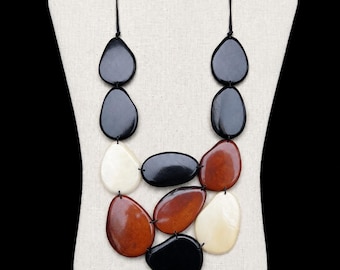 Chunky Brown and Black Tagua Nut Necklace – Colorful Statement Necklace, Lightweight Sustainable Boho Jewelry