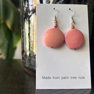 Handmade tagua nut statement earrings – bold, pink, and retro! A perfect sustainable, hypoallergenic gift for grandma or your next cruise.