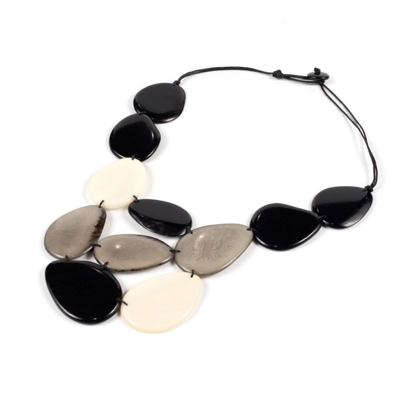 Black, grey and White Tagua necklace, Big bold chunky necklace, Handmade, Sustainable jewelry, bohemian style, boho chick style