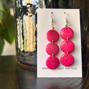 Handmade tagua nut statement earrings – bold, pink, and retro! A perfect sustainable, hypoallergenic gift for grandma or your next cruise.