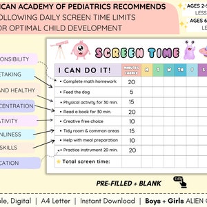 Alien behavior chart, Screen Time Checklist, Kids reward screen time chart, Screen Time Rules, Screen Time Tracker, helpful kids chart, girl