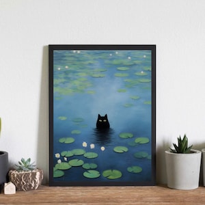 モネの睡蓮の猫のプリント、クロード・モネの猫のポスター、黒猫のアート、面白い猫のプリント、面白いギフト、美しい室内装飾、印刷可能な壁アート