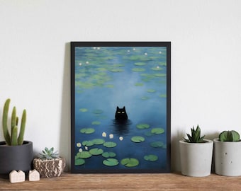 Monet Waterlily Cat Print, Claude Monet Cat Poster, Black Cat Art, Funny Cat print, Funny gift, Beautiful Home Decor, Imprimible Wall Art