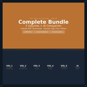 May include: Complete Bundle digital download graphic with an orange and navy blue background. The text reads "Complete Bundle" with "5 Volumes + AI Companion". Includes "Instant PDF Download" and "Korean Saju Four Pillars".