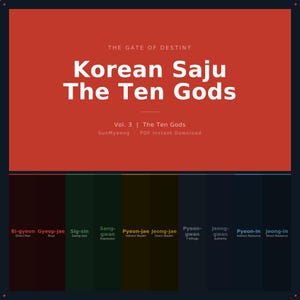 May include: A graphic with the title "Korean Saju The Ten Gods" on a red background. Below, a color-coded chart lists the ten gods with their associated traits. The text "Vol. 3 | The Ten Gods" is also visible.