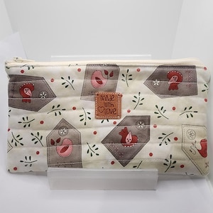 Handmade Quilted Zipper Pouch: Bird Charm Cosmetic Bag